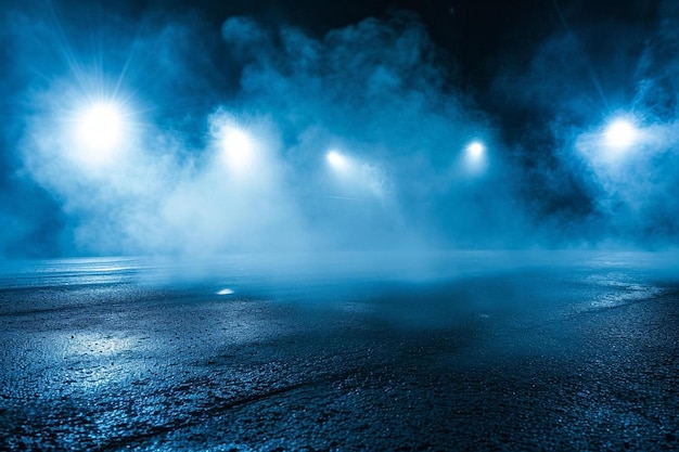 une rue brumeuse la nuit avec des lumières de rue