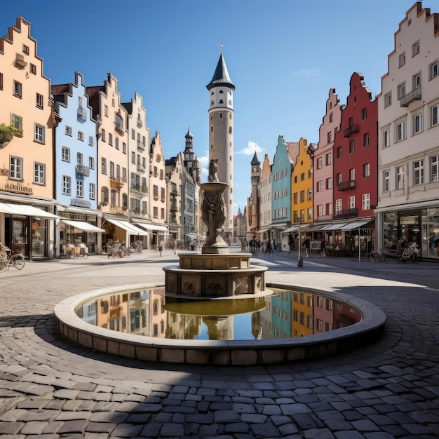 Une rue charmante avec des bâtiments colorés et une fontaine