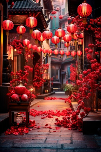 Une rue chinoise ornée de décorations festives, de lanternes rouges et de fleurs de prunier en fleurs