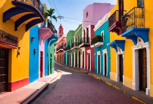 une rue colorée avec un bâtiment avec un panneau rose et bleu qui dit le mot