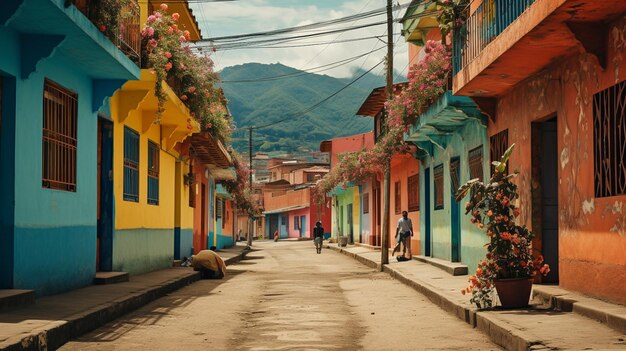 Une rue colorée avec une femme qui la descend.