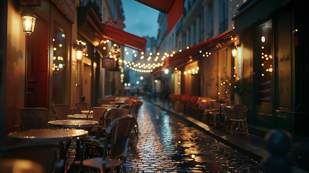 Une rue confortable avec des tables de café à Paris la nuit France Architecture et monuments IA générative