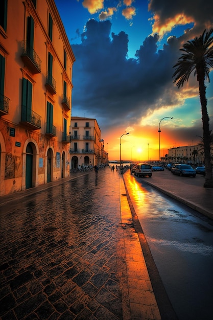 Une rue avec un coucher de soleil et un bâtiment avec un panneau qui dit "coucher du soleil"