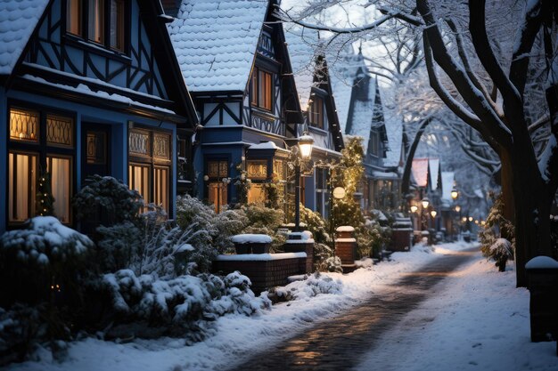 Une rue couverte de neige dans la banlieue en hiver à la veille du Nouvel An