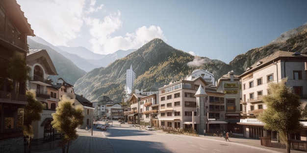 Une rue dans les montagnes avec un bâtiment au premier plan