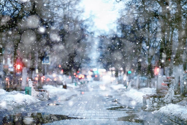 rue dans la ville d'hiver, fond de paysage décembre dans l'allée de la vue urbaine