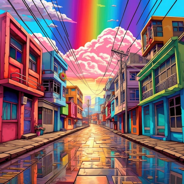 Rue de dessin animé avec des maisons colorées et arc-en-ciel dans l'illustration de fond