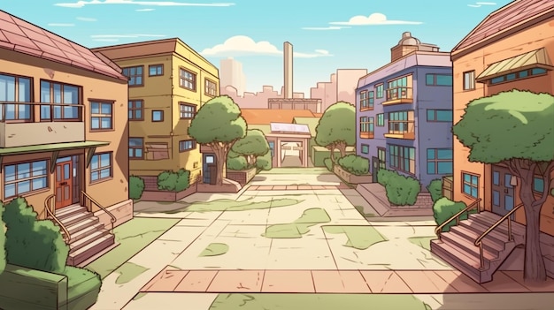 Une rue de dessin animé avec un panneau qui dit "la ville du futur"