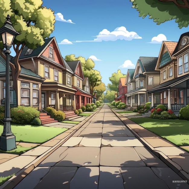 Une rue de dessins animés capricieuse avec des maisons néo-victoriennes et de hauts arbres