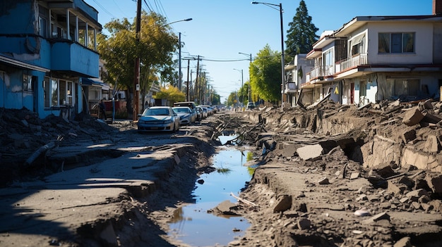 rue détruite après le tremblement de terre