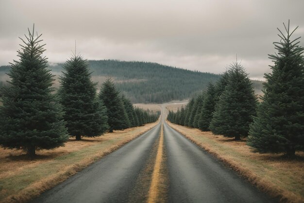 Une rue divise le sari avec des arbres de Noël et des bâtiments colorés en arrière-plan