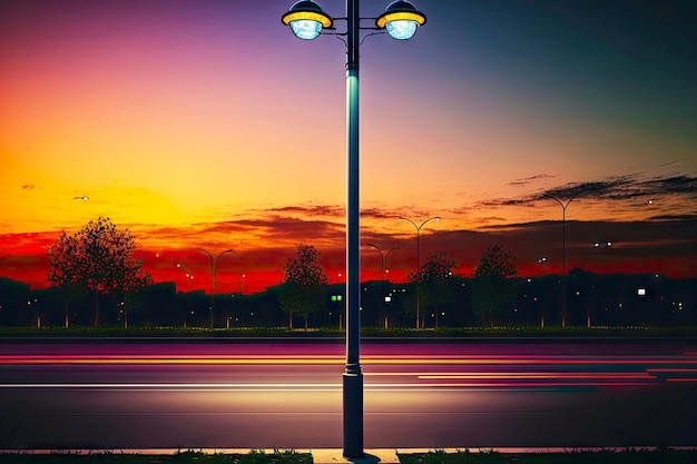 Rue du soir au coucher du soleil avec lampadaire allumé le long de la route