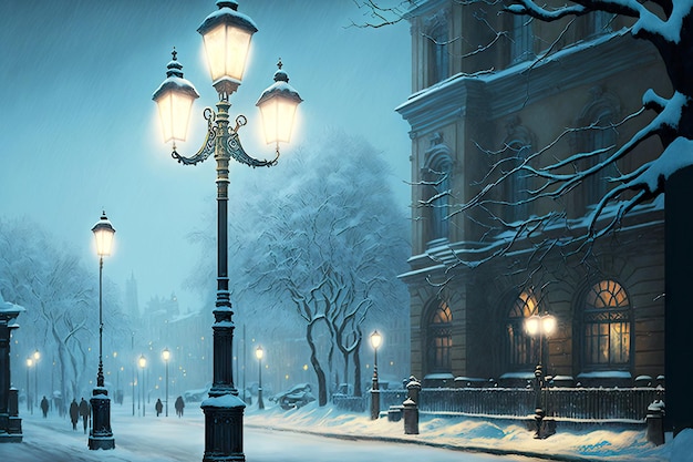 Rue du soir couverte de neige avec des rangées de lampadaires allumés