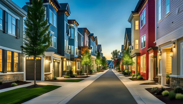 Rue du soir avec des maisons de haute technologie avec des piscines et un concept d'éclairage pittoresque de vivre dans une