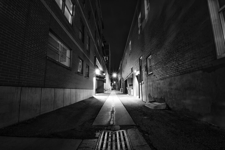Photo une rue éclairée au milieu des bâtiments