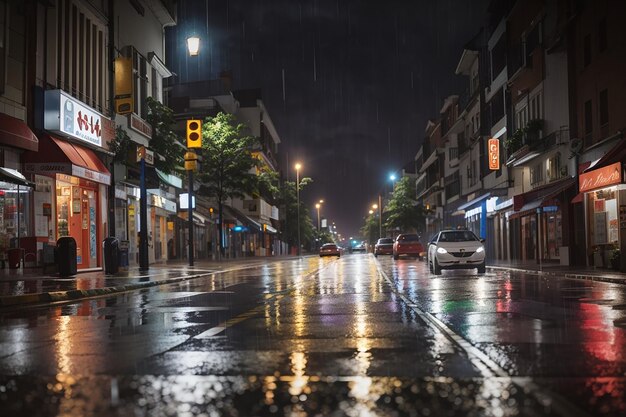 La rue éclairée de la ville se reflète dans l'eau humide du canal