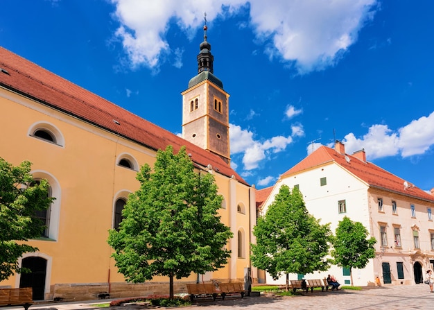 Rue avec l'église franciscaine de St Jean Baptiste dans la vieille ville de Varazdin en Croatie. Panorama et paysage urbain avec cathédrale dans la ville croate d'Europe en été