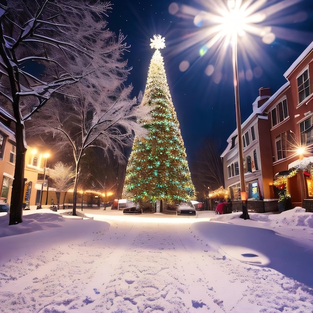 Une rue enneigée avec un grand sapin de Noël au milieu.