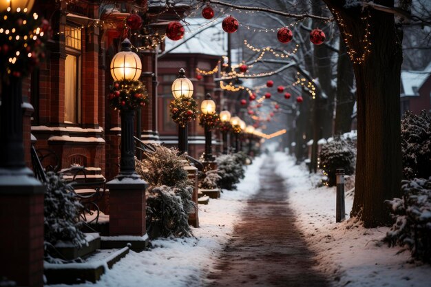 La rue enneigée de l'hiver de la ville décorée de guirlandes lumineuses et de lanternes pour Noël