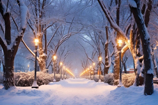 une rue enneigée avec une rangée de lumières dessus