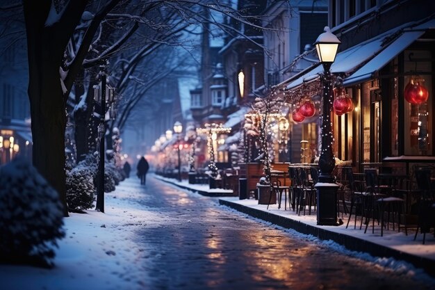 La rue enneigée de la ville de nuit d'hiver décorée de guirlandes lumineuses et de lanternes pour Noël