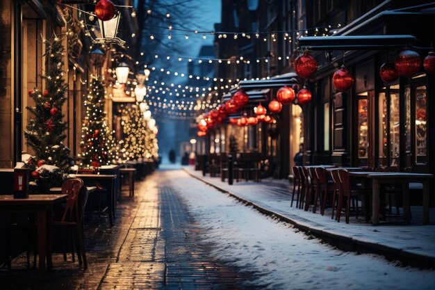 La rue enneigée de la ville de nuit d'hiver décorée de guirlandes lumineuses et de lanternes pour Noël