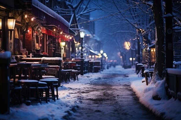 La rue enneigée de la ville de nuit d'hiver décorée de guirlandes lumineuses et de lanternes pour Noël