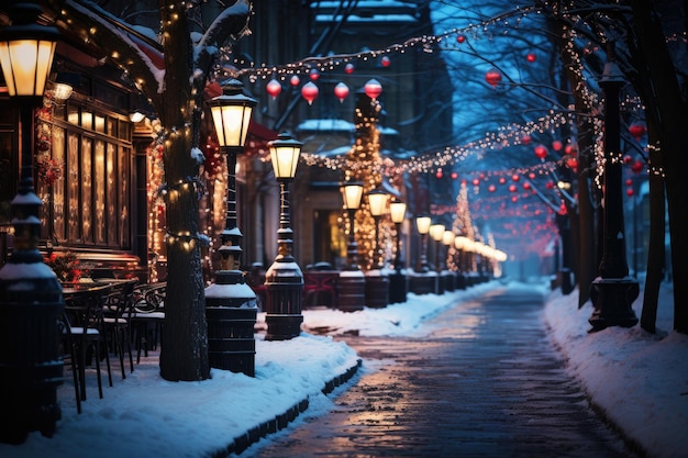 La rue enneigée de la ville de nuit d'hiver décorée de guirlandes lumineuses et de lanternes pour Noël