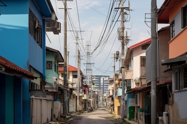 une rue étroite avec un bâtiment bleu et une ligne électrique en arrière-plan