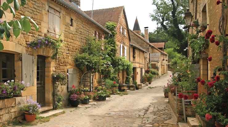 Photo une rue étroite d'un charmant village français est bordée de chalets en pierre ornés de fleurs colorées.