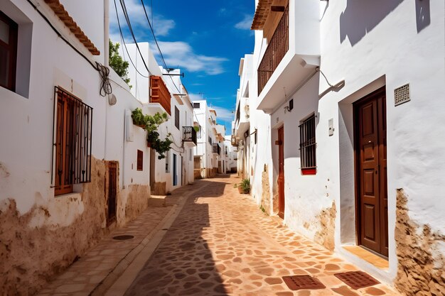 Une rue étroite et charmante avec des bâtiments blancs et une porte brune rustique dans une ville européenne