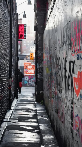 Une rue étroite avec des graffitis