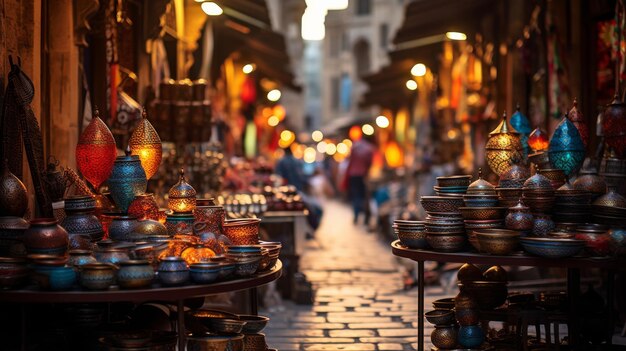 Une rue étroite ornée d'une multitude de lampes brillantes jetant une lumière douce et accueillante sur le p