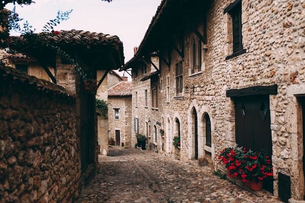 Rue avec façades de vieux bâtiments en pierre à Pérouges, France, roses rouges. Photo de haute qualité