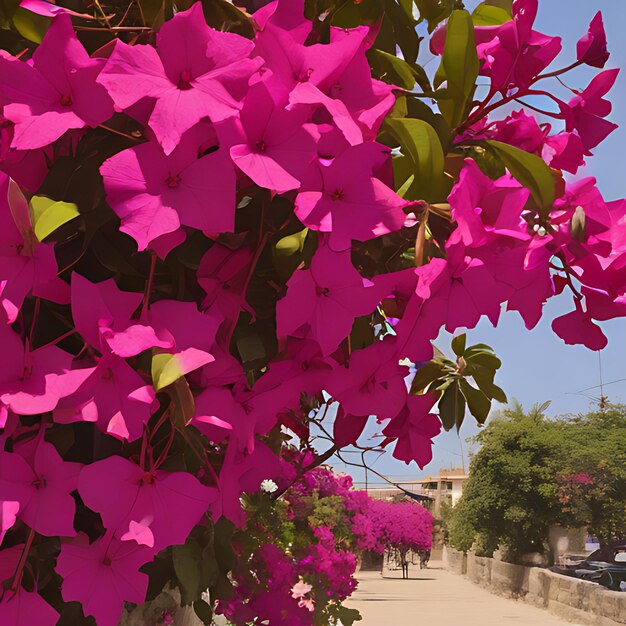 Photo une rue avec des fleurs roses et un ciel bleu