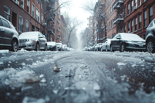 Une rue gelée dans la ville est le résultat du réchauffement climatique et du changement climatique.