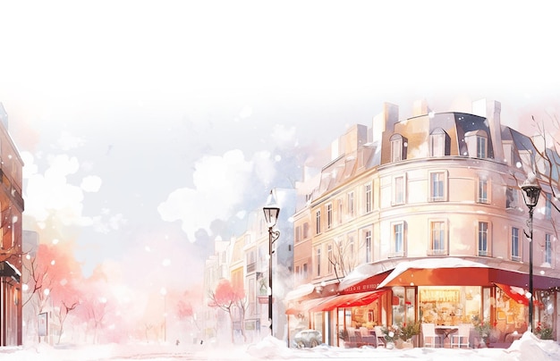 rue d'hiver neige ville aquarelle froide illustration attraction café arrière-plan Paris