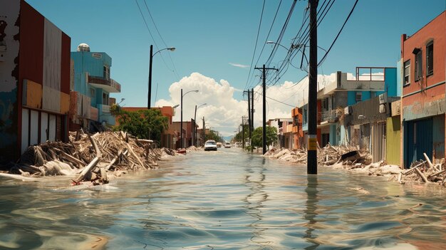 Photo une rue inondée avec une voiture qui la descend