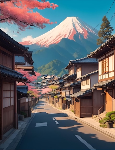 Rue japonaise traditionnelle dans une ville pittoresque avec des montagnes