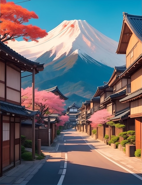 Rue japonaise traditionnelle dans une ville pittoresque avec des montagnes