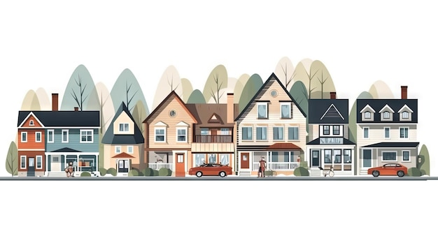 Une rue avec de jolies maisons résidentielles dans le quartier Architecture de banlieue ou chalets de village AI généré