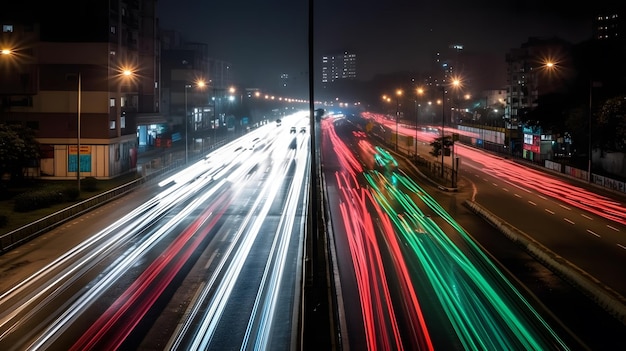 Une rue avec des lumières allumées et une image floue d'une rue de la ville.