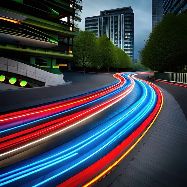 Une rue avec des lumières allumées et une voiture dessus