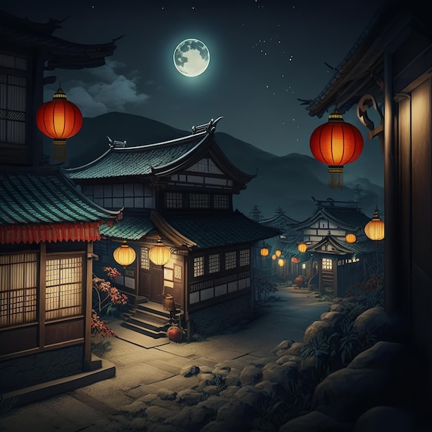 Une rue avec une maison de village traditionnelle chinoise et une lune dans le ciel