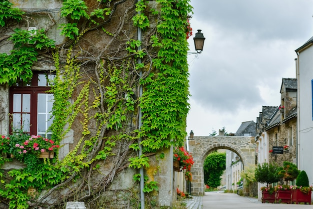 Rue et maisons anciennes colorées à Rochefort-en-Terre, Bretagne française