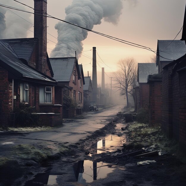 Photo une rue avec des maisons et une flaque d'eau au premier plan