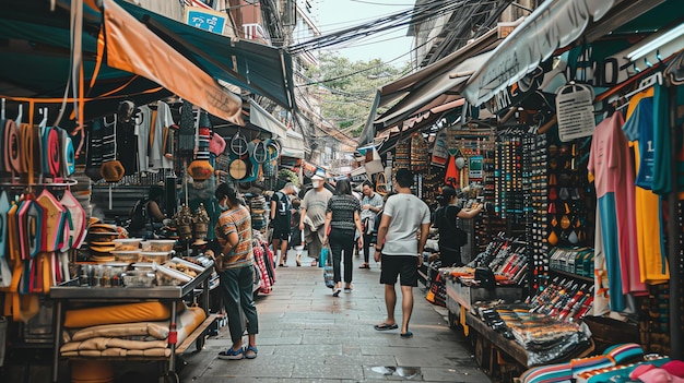 Photo une rue de marché animée avec des gens qui achètent des souvenirs