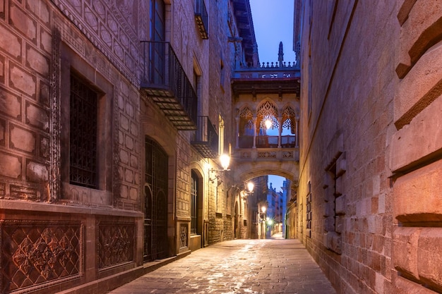 Rue médiévale pavée étroite carrer del bisbe avec pont des soupirs dans le quartier gothique de barri dans le