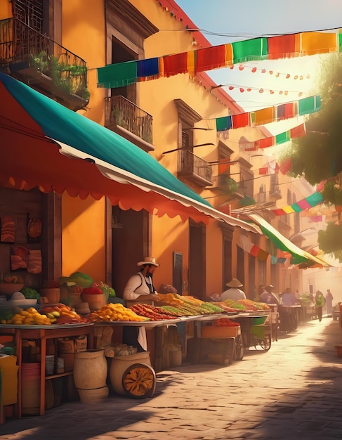 Une rue mexicaine animée avec des vendeurs de rue sous des stores colorés.