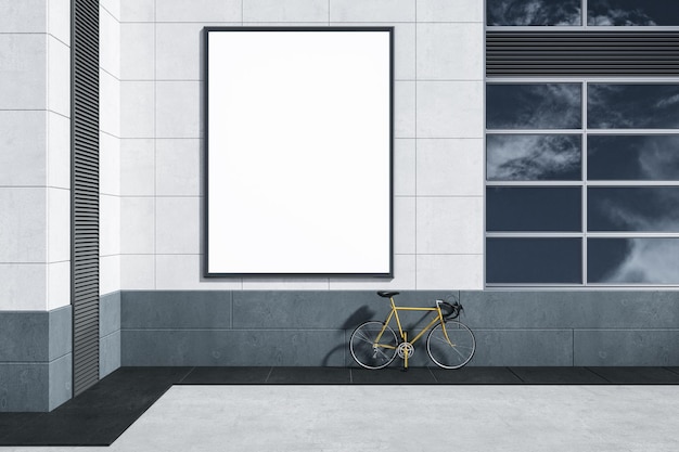 Rue moderne avec vélo de bannière de panneau d'affichage blanc vide et reflets du ciel sur les fenêtres en verre Maquette et concept de publicité Maquette de rendu 3D